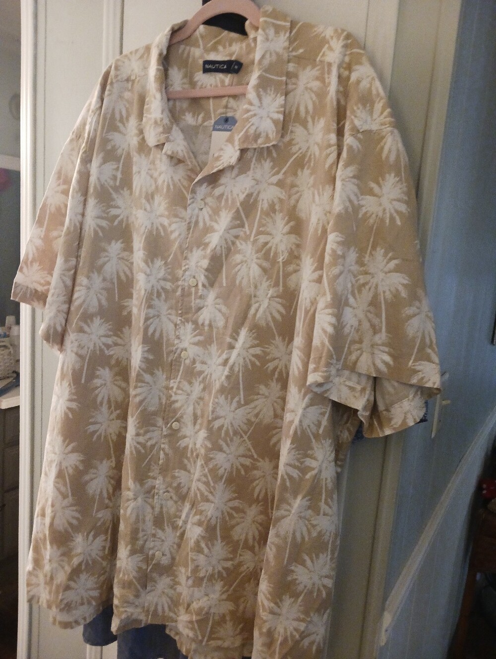 Nautica Tan and White Hawiian Palm-Print Button Shirt 5X NWT $89.50